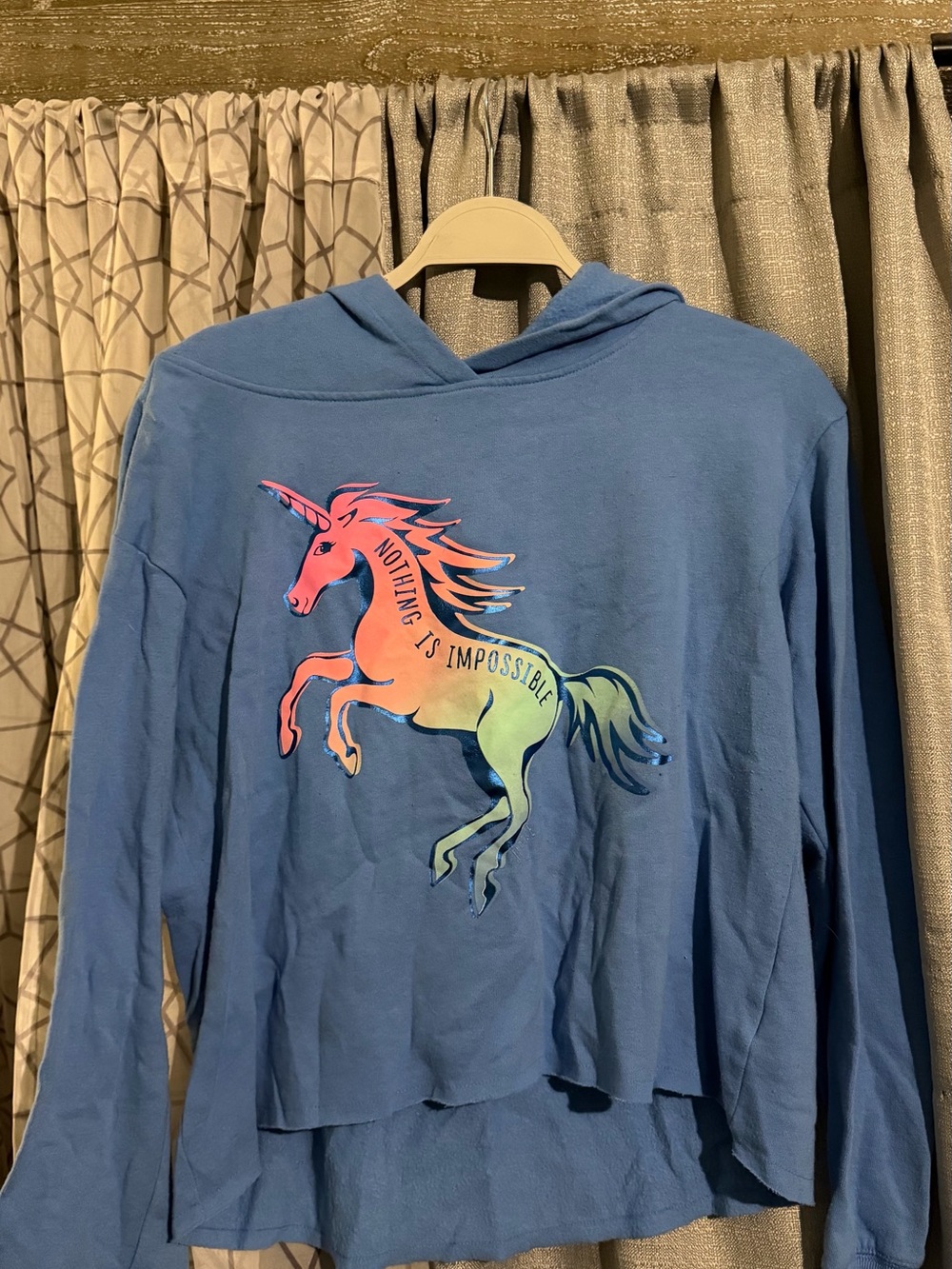 Justice Blue Hoodie with Rainbow Unicorn Graphic